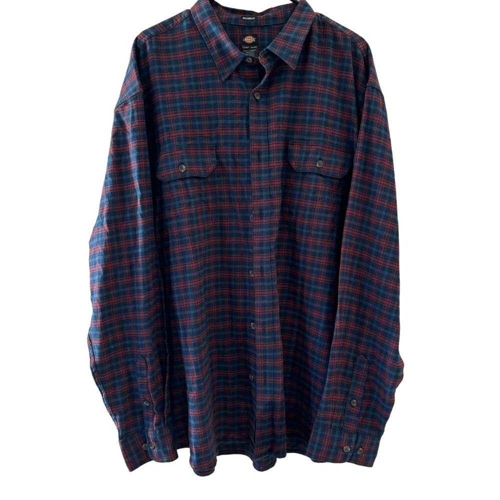 Dickies Mens Relaxed Fit Plaid Flannel Shirt 2XL Blue & Red Cotton